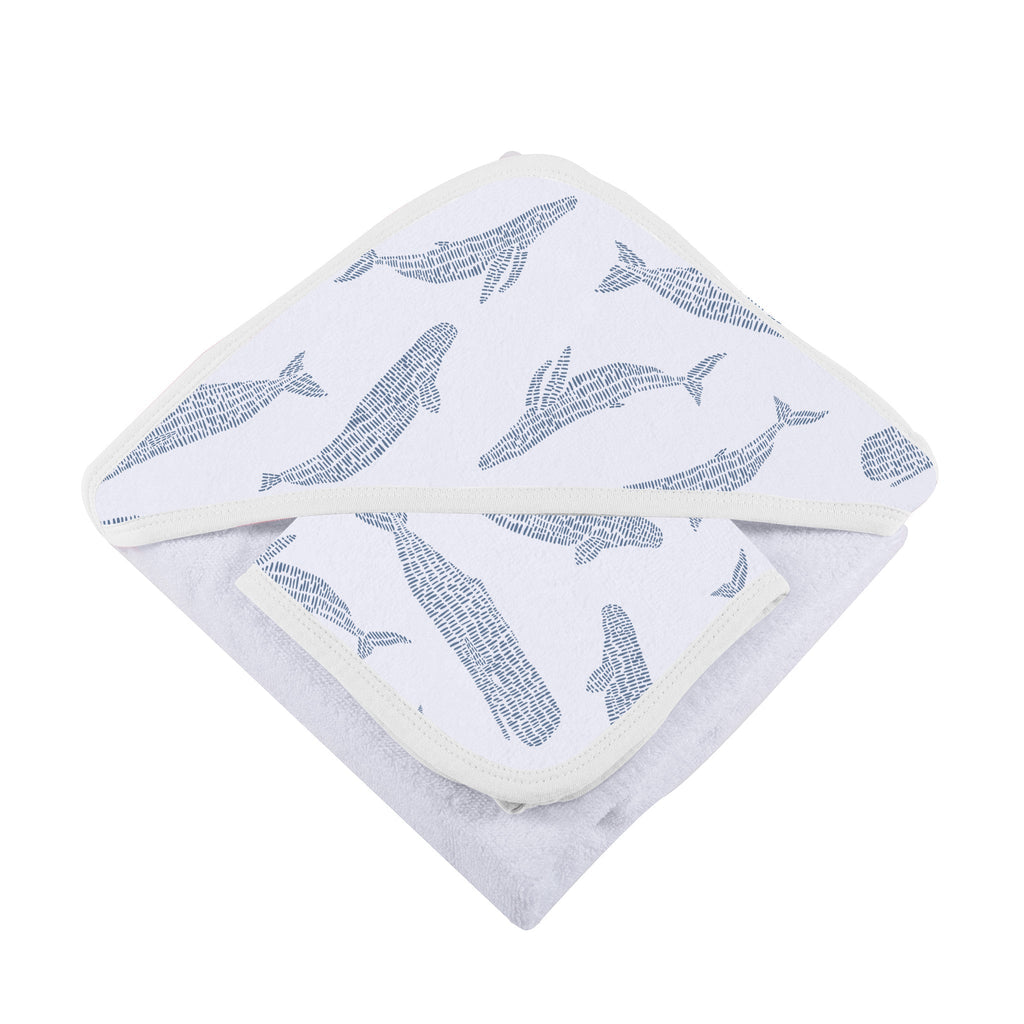 Blue Shadow Whales Bamboo Hooded Towel and Washcloth Set-4